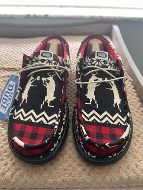 Hey Dude Black Red Reindeer Plaid Slip-Ons